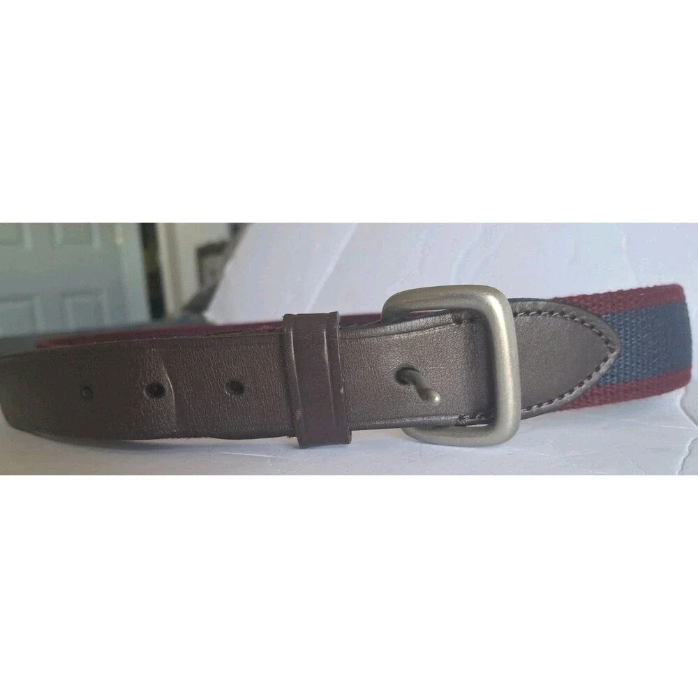 J.Crew Leather Fabric Belt Blue Red Striped Sz 34 Silver Buckle Preppy Coastal - Picture 3 of 7